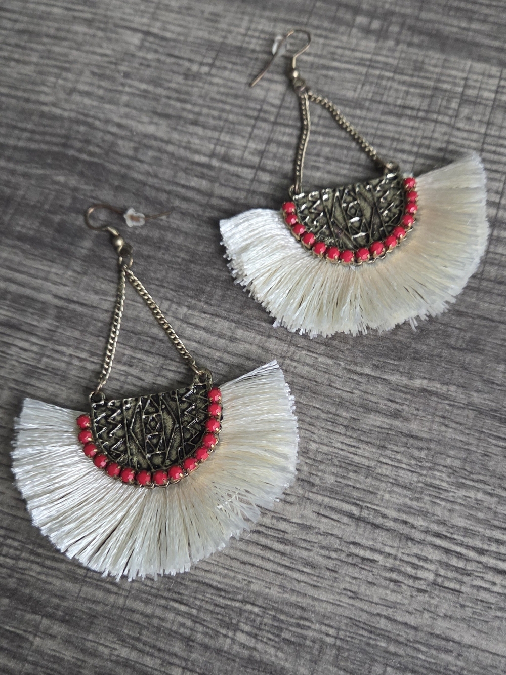 Boho White Fringe Drop Earrings with Pink Accents